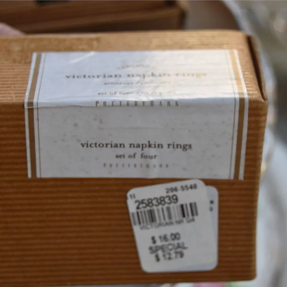 Pottery Barn Victorian Napkin Rings Silver Tone Set of 8 Boxed Ornate